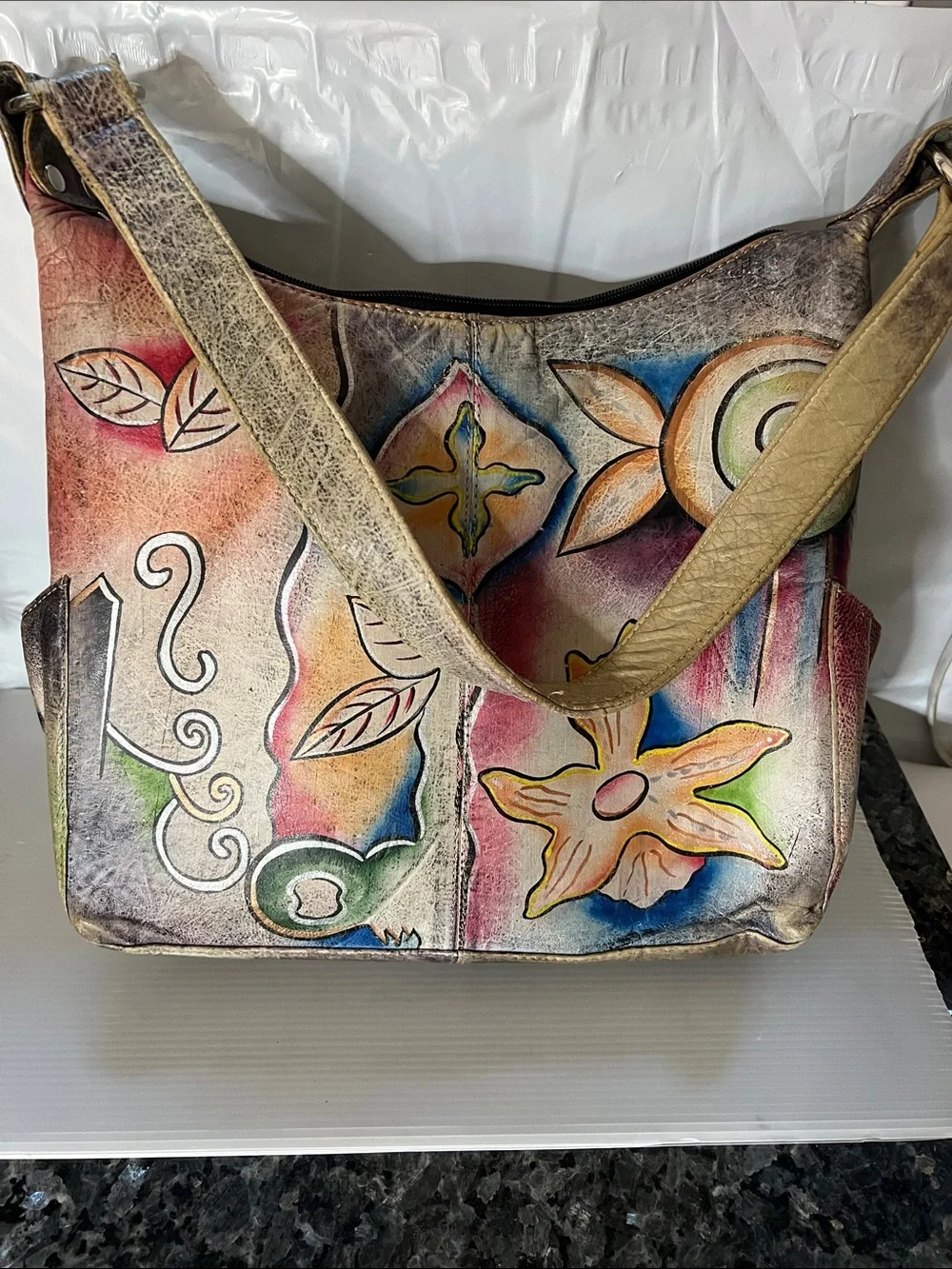 Anuschka Hand Painted Leather Zip Large Shoulder Bag Made in India